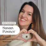 Image of Susan Posner, a real estate agent with a bright smile, forming a heart shape with her hands around a REALTOR pin. The text 'MEET OUR AGENT Susan Posner' is displayed above, with '3+ years of experience in Real Estate' below her name