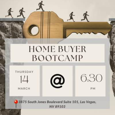 Graphic for 'Home Buyer Bootcamp' event by Rossum Realty Unlimited with details for Thursday, March 14th at 6:30 PM. The location is 3875 South Jones Boulevard Suite 101, Las Vegas, NV 89103. The top of the image features an illustration of a brass key with silhouetted figures progressing across a cliff, symbolizing the journey of home buying