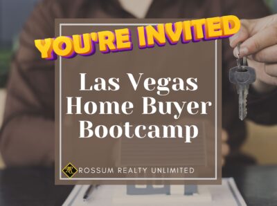 Promotional image for an event at Rossum Realty Unlimited, featuring the text 'YOU'RE INVITED' in bold, 3D-styled yellow and purple lettering. Below it reads 'Las Vegas Home Buyer Bootcamp', with the Rossum Realty Unlimited logo at the bottom. The backdrop is a person holding a set of keys, symbolizing the home buying process